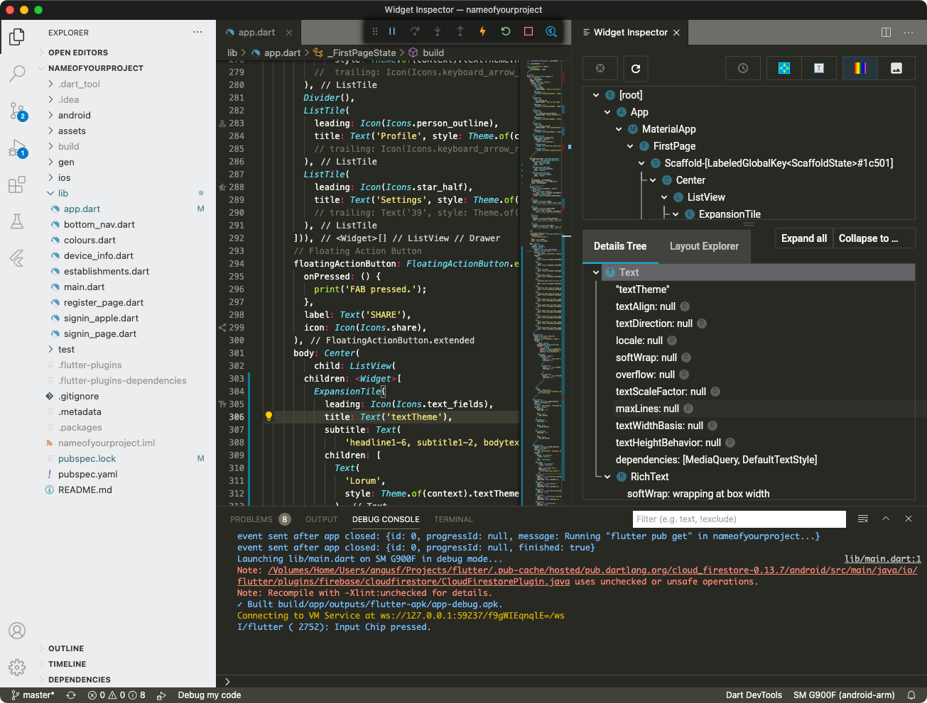 Flutter project with tje Flutter DevTools open - screenshot