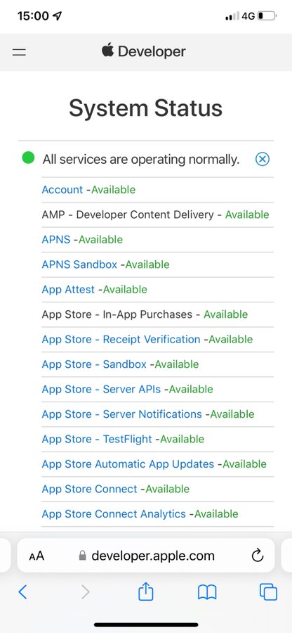 Apple Developer services 'System Status' all green - screenshot