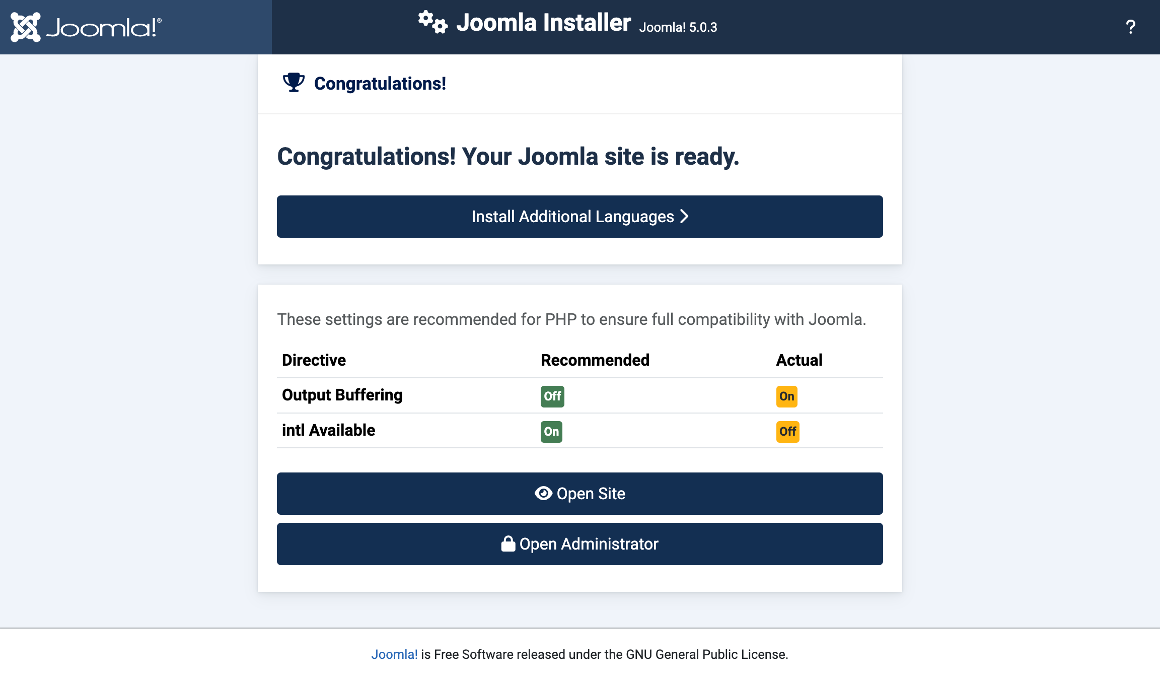 Joomla 5.0.3 successfully installed on Ubuntu 24.04