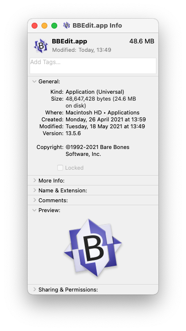 Get info for BBEdit showing it to be a Universal app which means it contains an Apple silicon binary