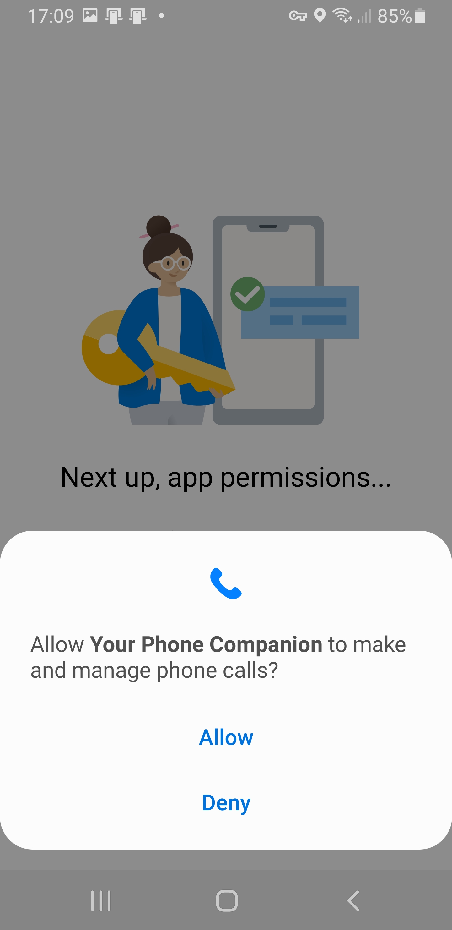 Your Phone companion asks for permissions to make and manage calls - Your Phone screenshot