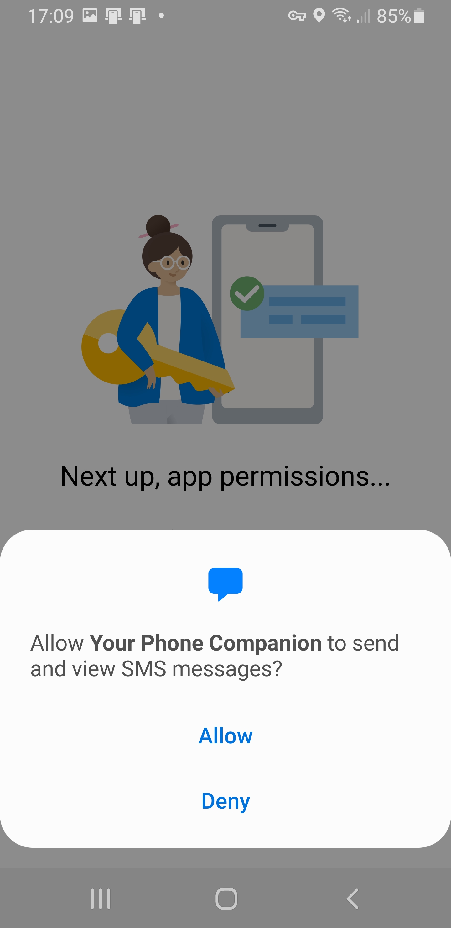 Your Phone companion asks for permission to send and view SMS messages - Your Phone screenshot