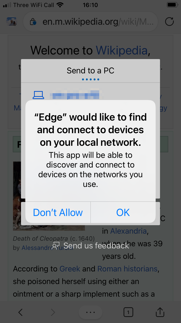 Microsoft Edge - Network permissions - iOS App Screenshot