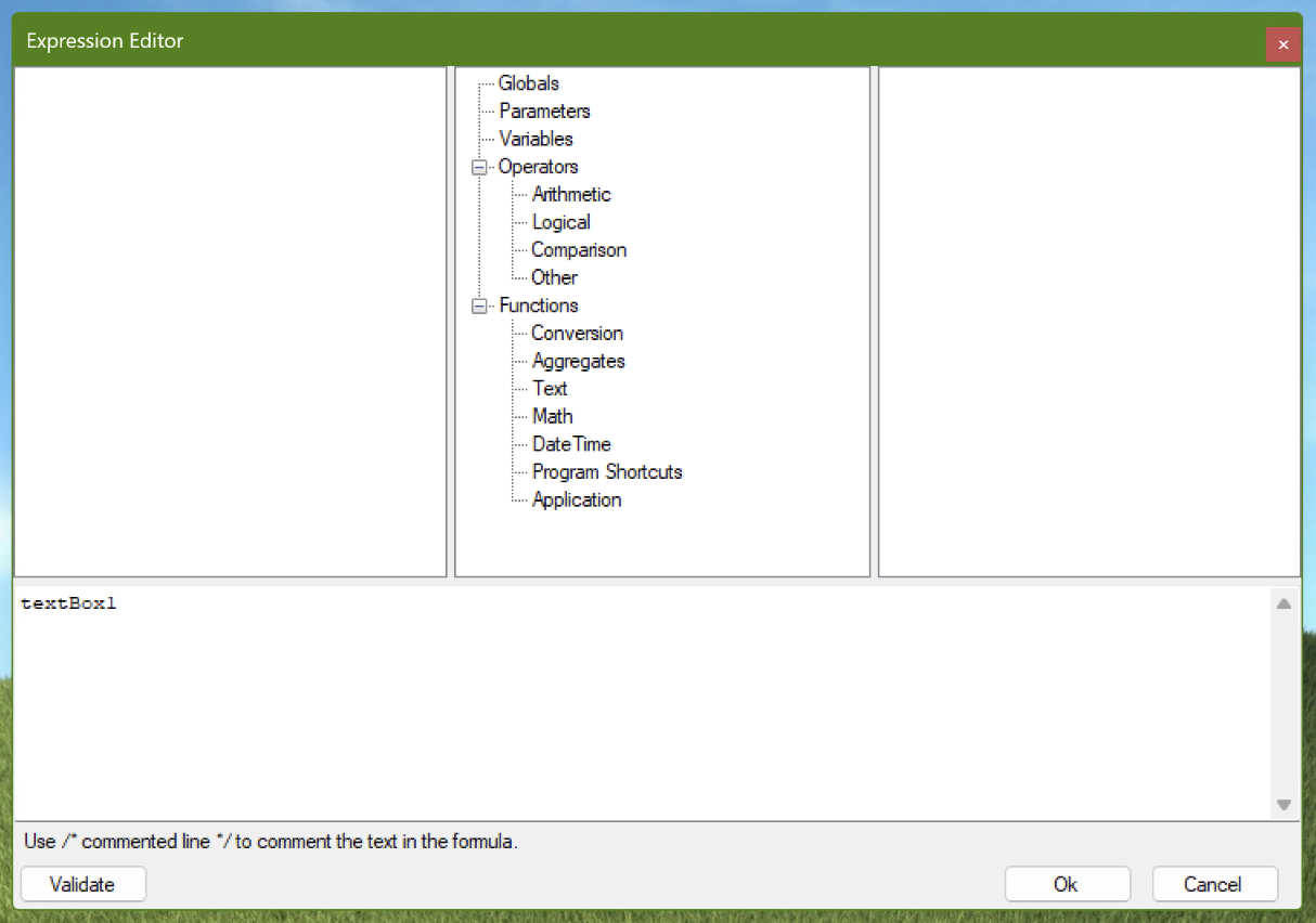 The Expression Editor in Acumatica Report Designer (Screenshot)