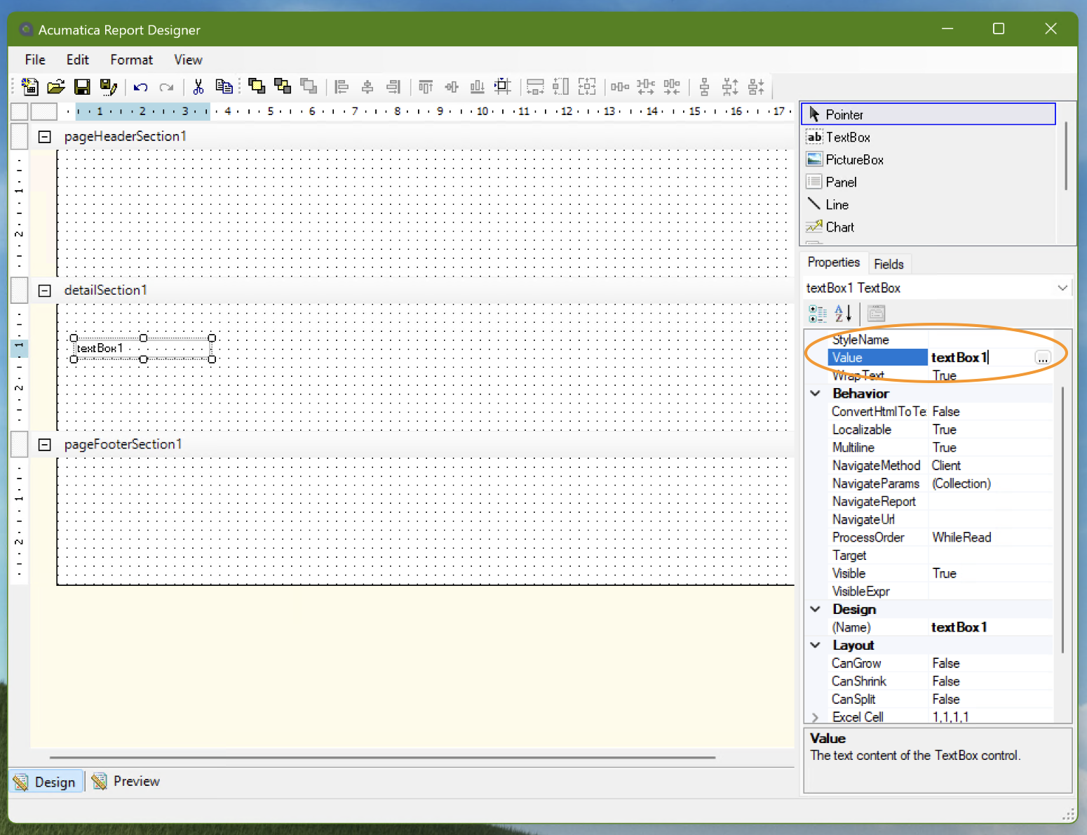 Finding the Expression Editor in Acumatica Report Designer (Screenshot)