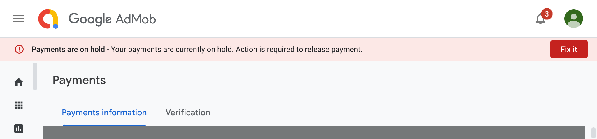 Google Admob console - Payments on hold alert