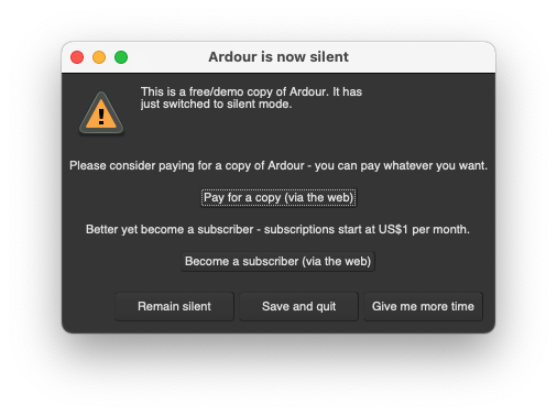 A screenshot of Ardour ten minute restriction