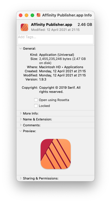 Get info for Affinity Publisher showing it to be a Universal app which means it contains an Apple silicon binary