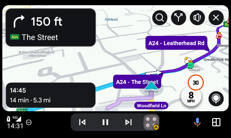 Screenshot of Waze in Android Auto