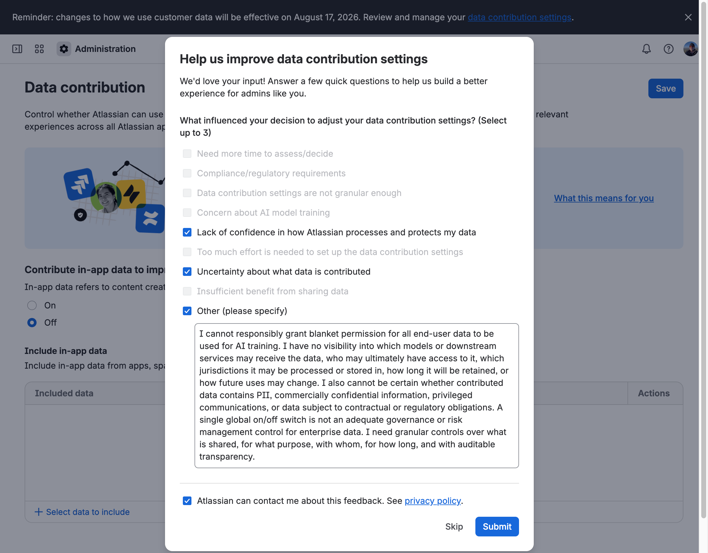 Atlassian - Data Contribution - your organisations content - no blanket permission