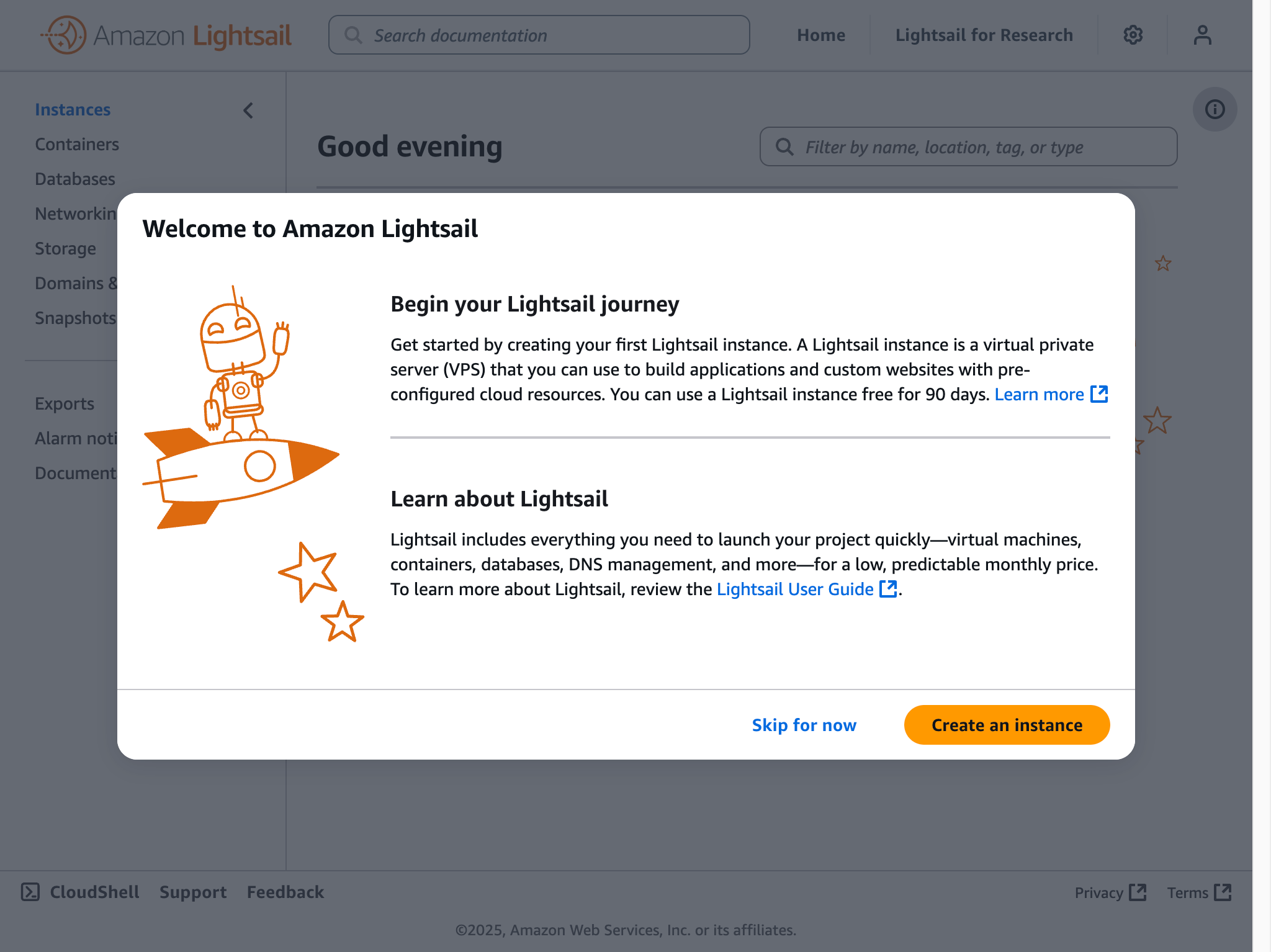 Welcome to AWS Lightsail screenshot showing how to begin and how to learn about Lightsail