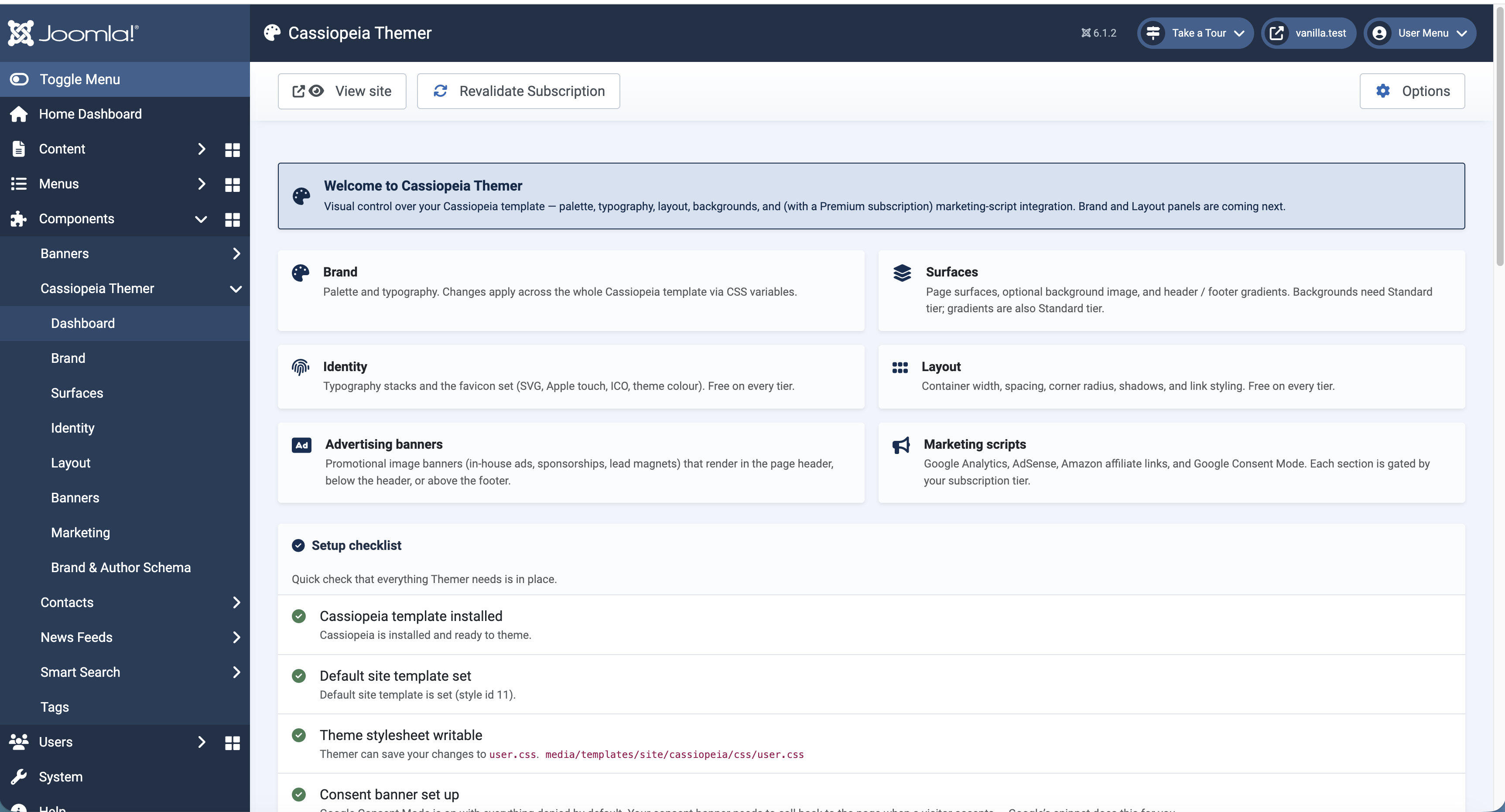 The Themer dashboard — setup checklist, subscription tier, and the eight editor screens.