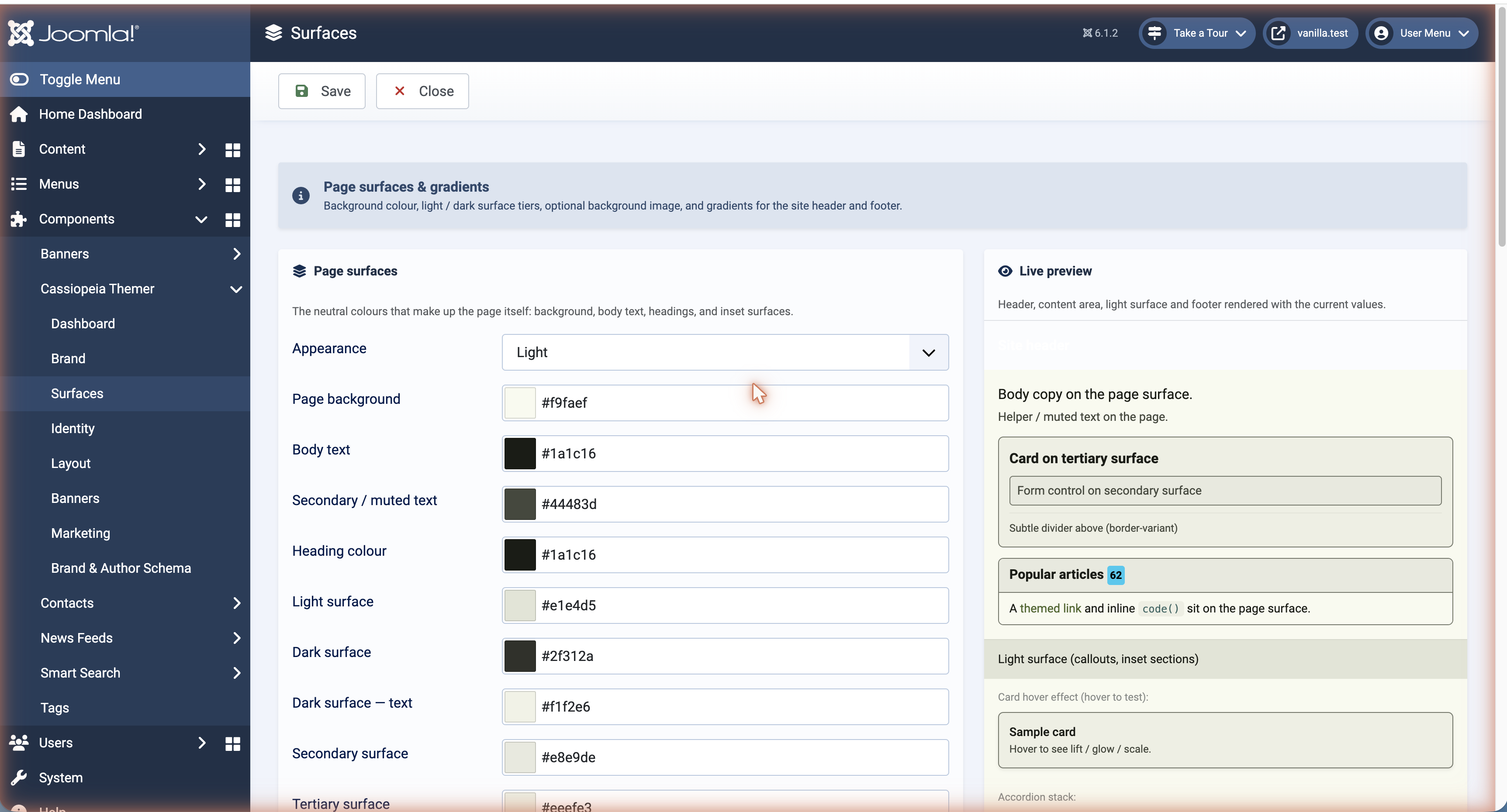 Themer — Page surfaces and Live preview