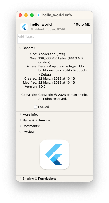 Get Info from the macOS Finder showing the flutter app 