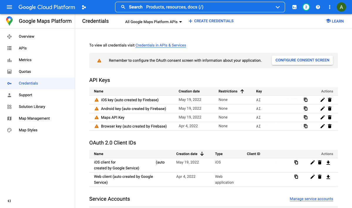 Screenshot of Maps Platform showing credentials which were automatically set by Firebase