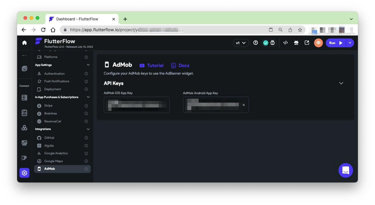 Screenshot of FlutterFlow Setup for Google AdMob integration