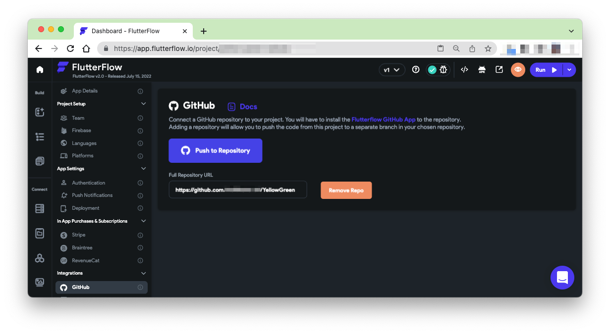 Screenshot of FlutterFlow Setup, Integration with GitHub