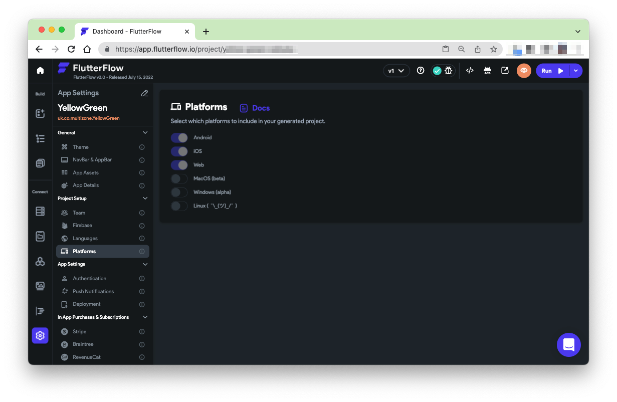 Screenshot of FlutterFlow Settings, Project Setup, Target Platform