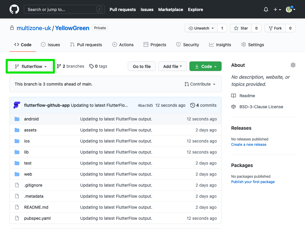 FlutterFlow branch in GitHub repository screenshot
