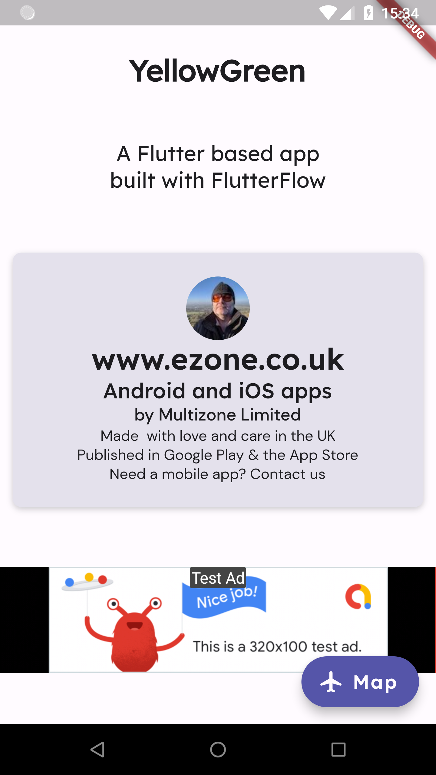 Screenshot of FlutterFlow based Flutter App with AdMob test ad component, and an ezone business card component on an Android device