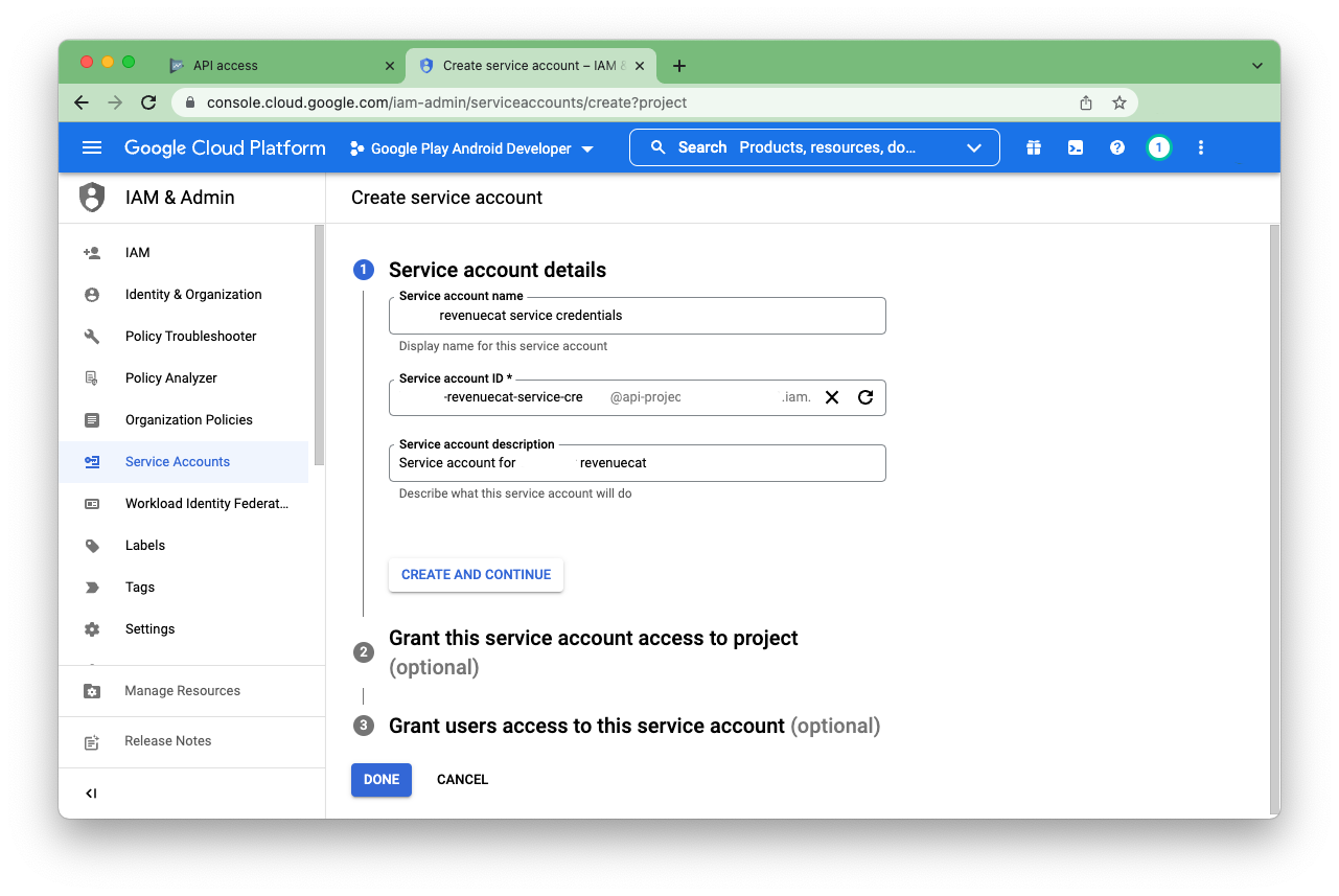 Screenshot of Service Account details