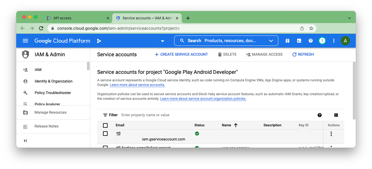 Google Cloud Platform Service Accounts screenshot