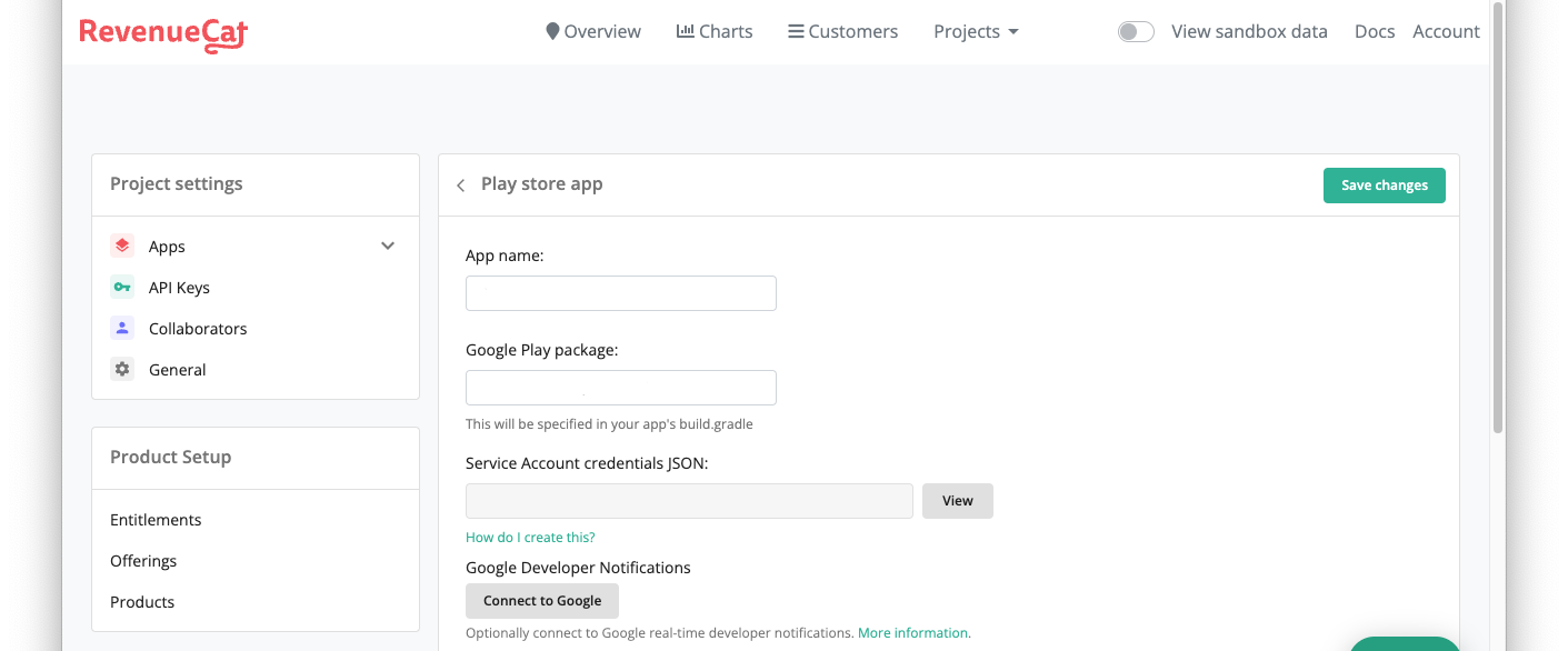 RevenueCat settings screenshot, showing the Android App settings for Google Play