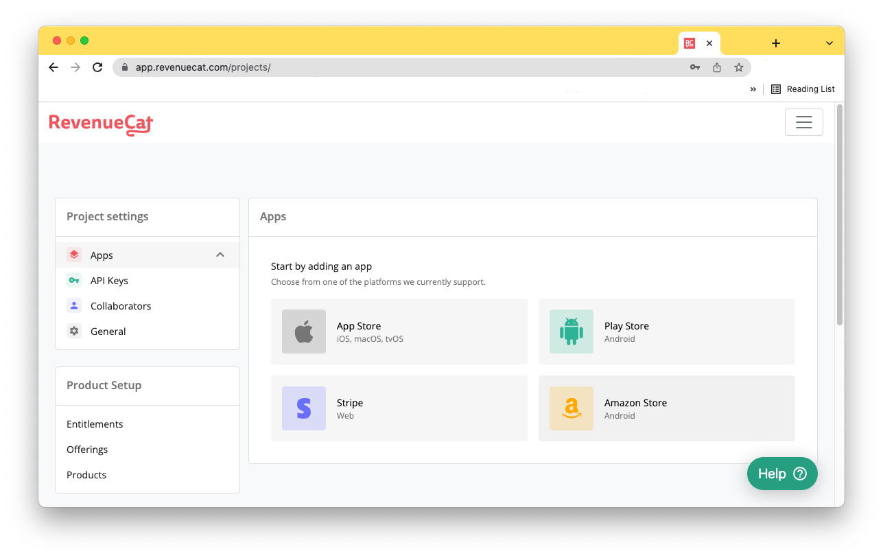 RevenueCat Project settings screenshot