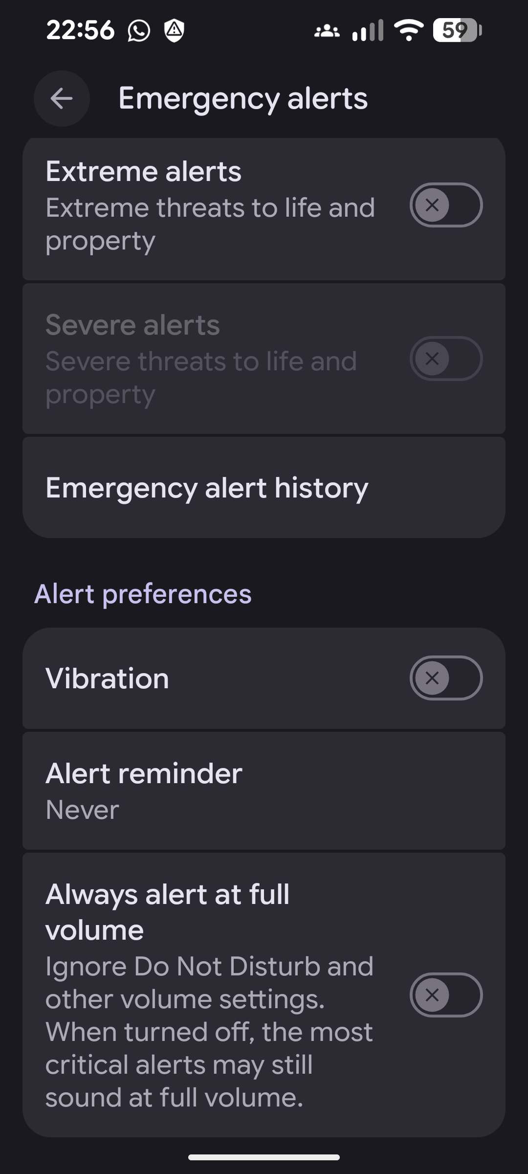 Android Emergency alerts - off