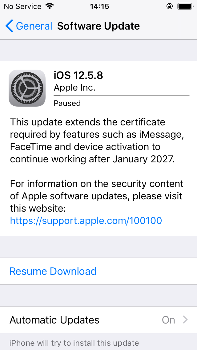 iOS Settings, Software update paused