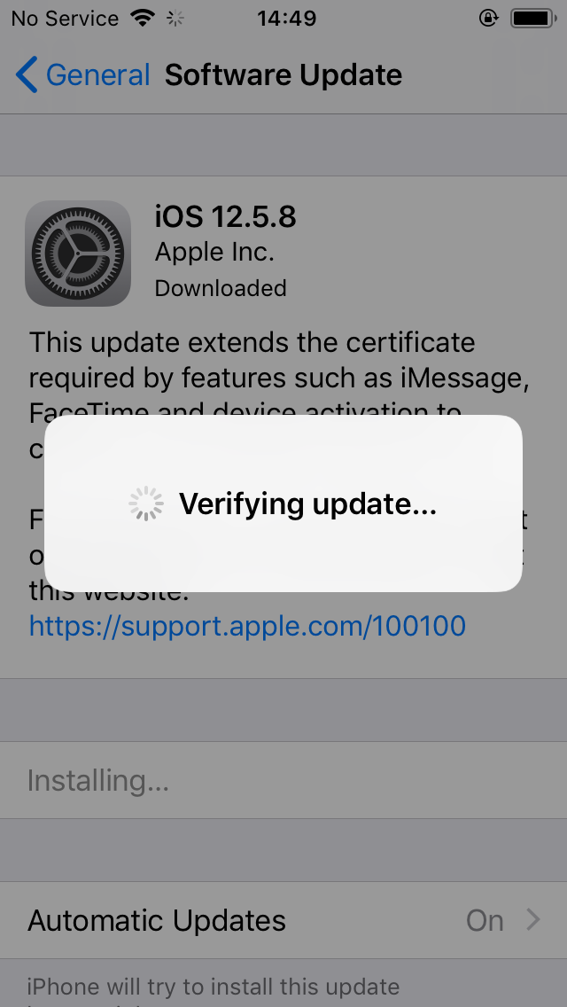 iOS Settings, Verifying update
