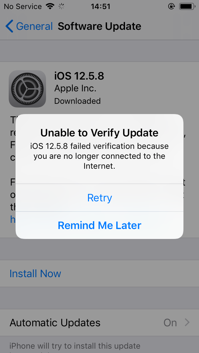 iOS Settings, Unable to verify update