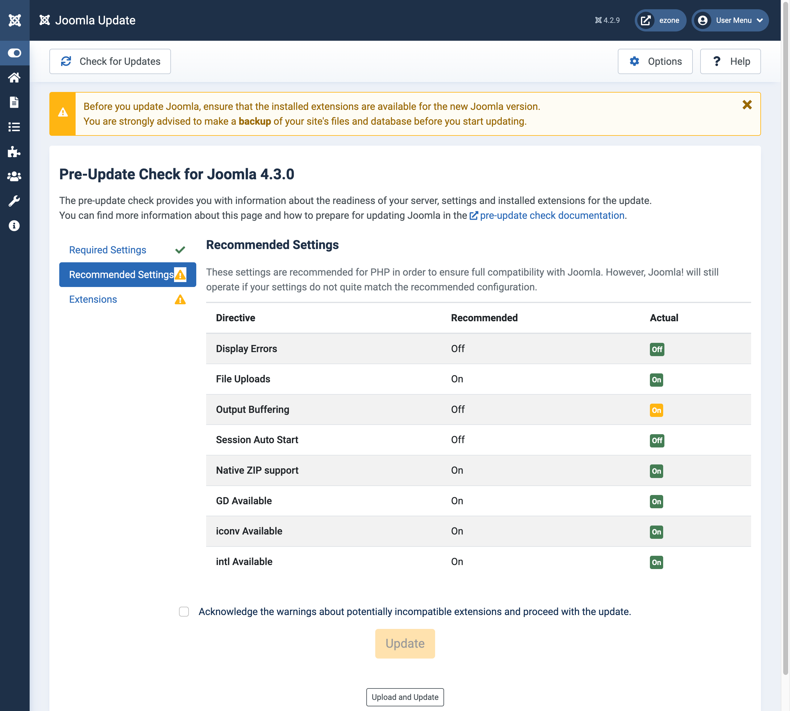 Pre-Update Recommended Requirements check for Joomla 4