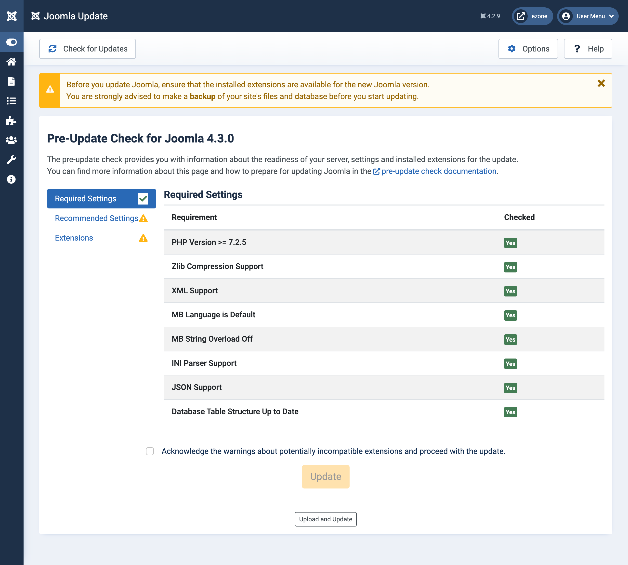 Pre-Update System Requirements check for Joomla 4