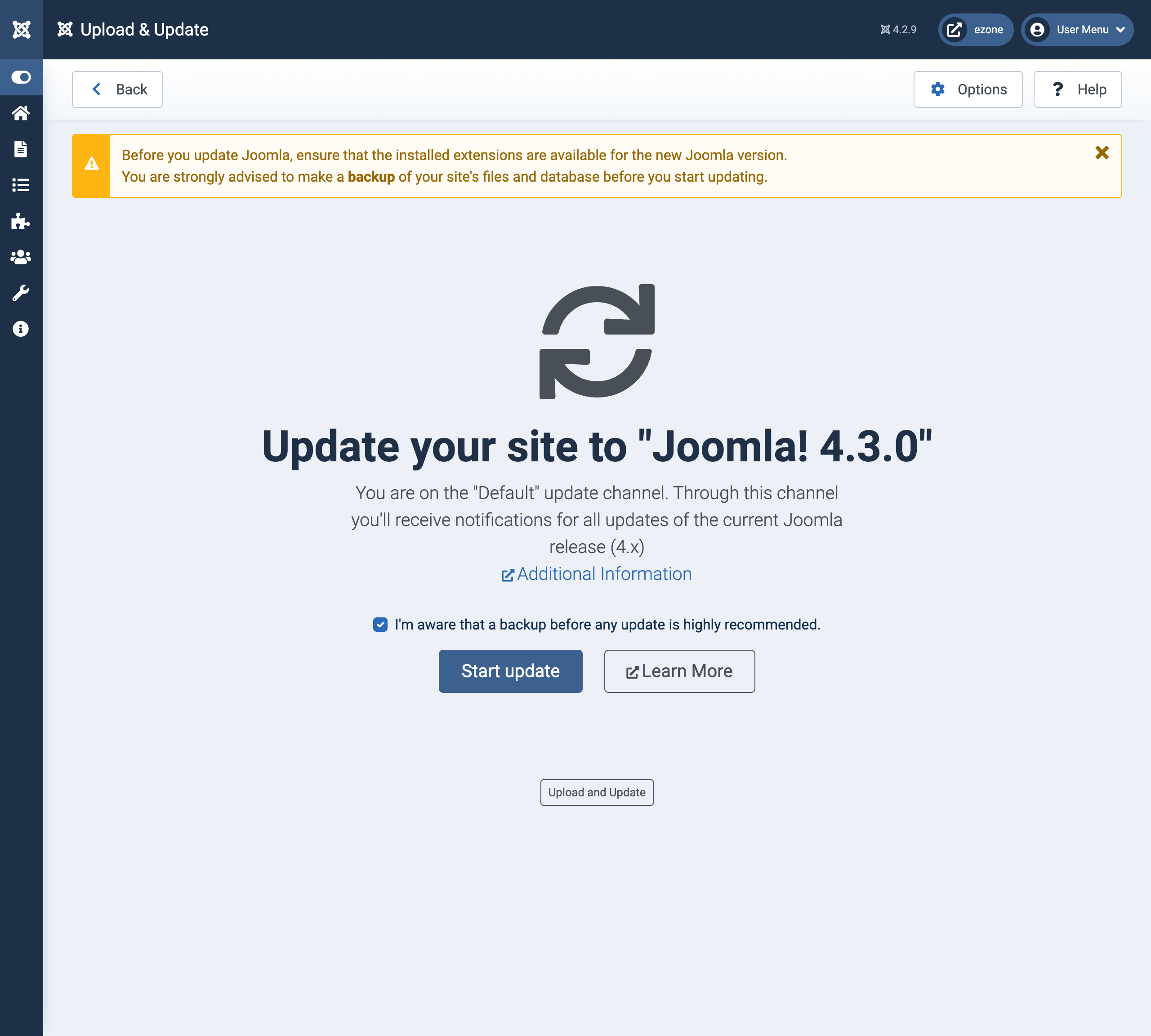 Joomla 4 Update component ready to 'Start Update'
