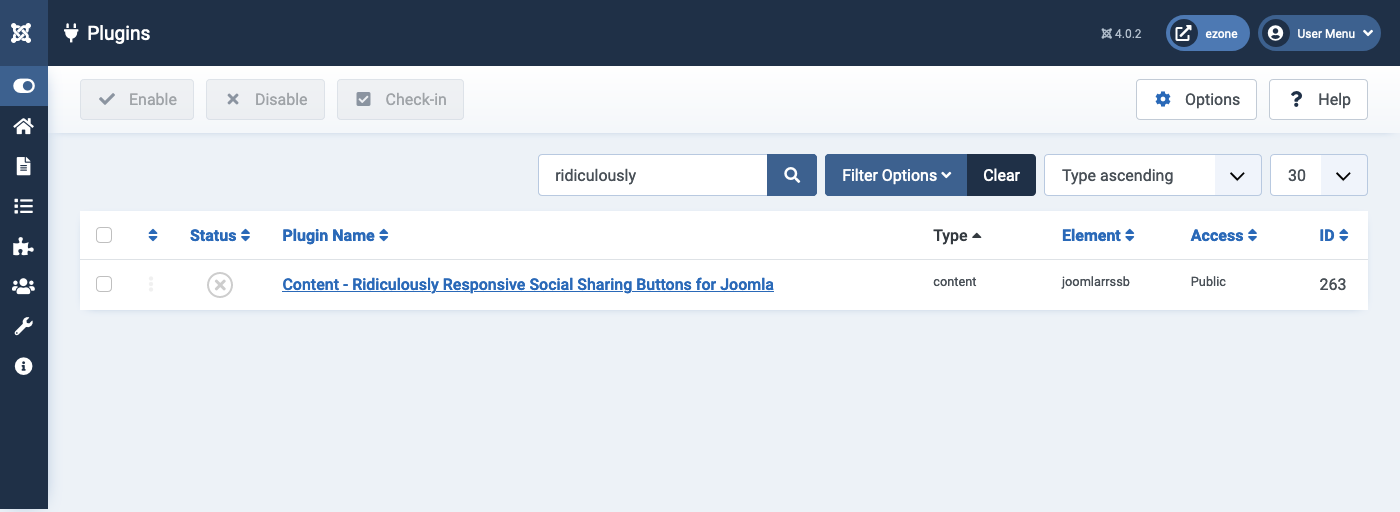 Screenshot: Enabling the Ridiculously Responsive Social Sharing Buttons for joomla.org plugin