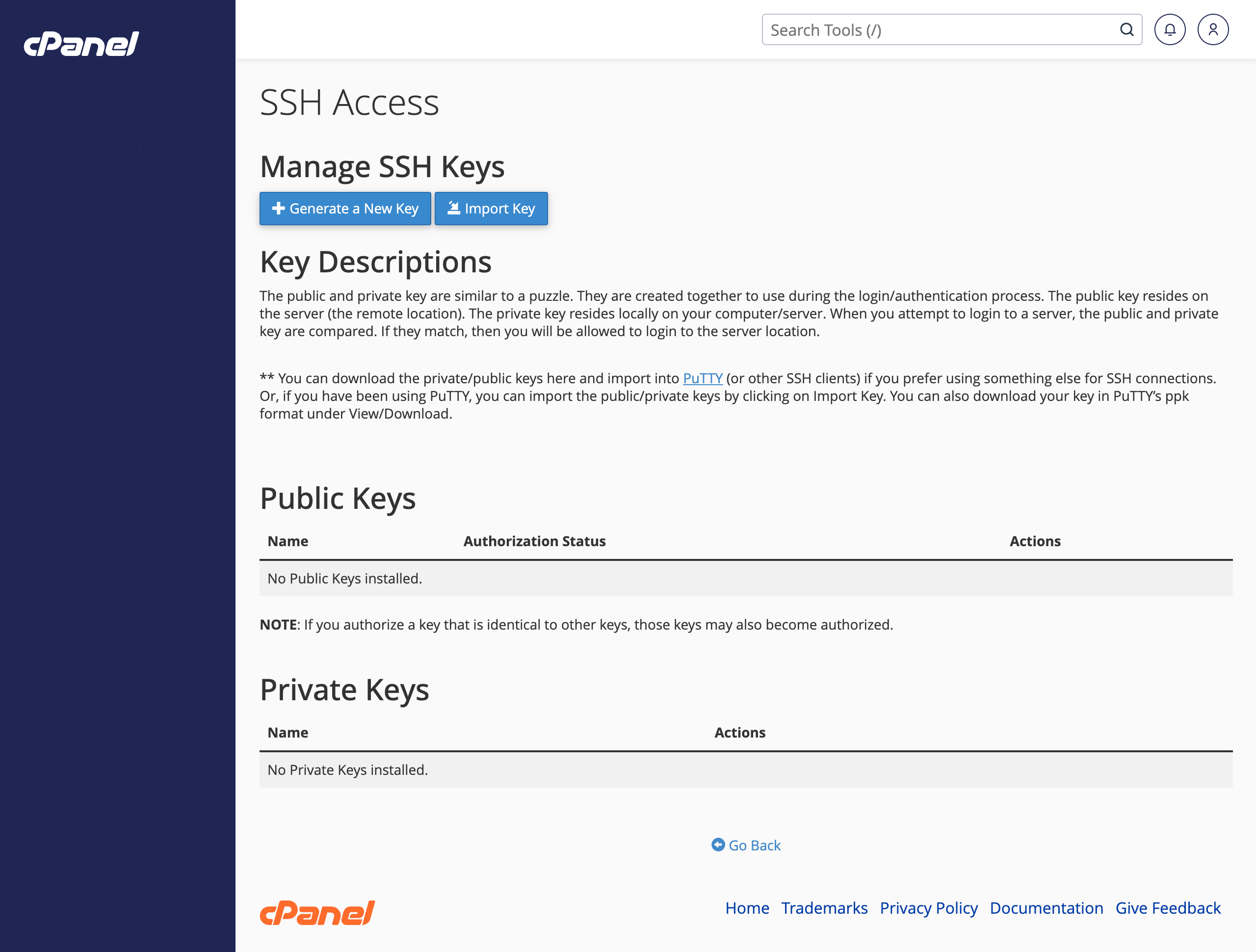 Managing SSH keys in cpanel