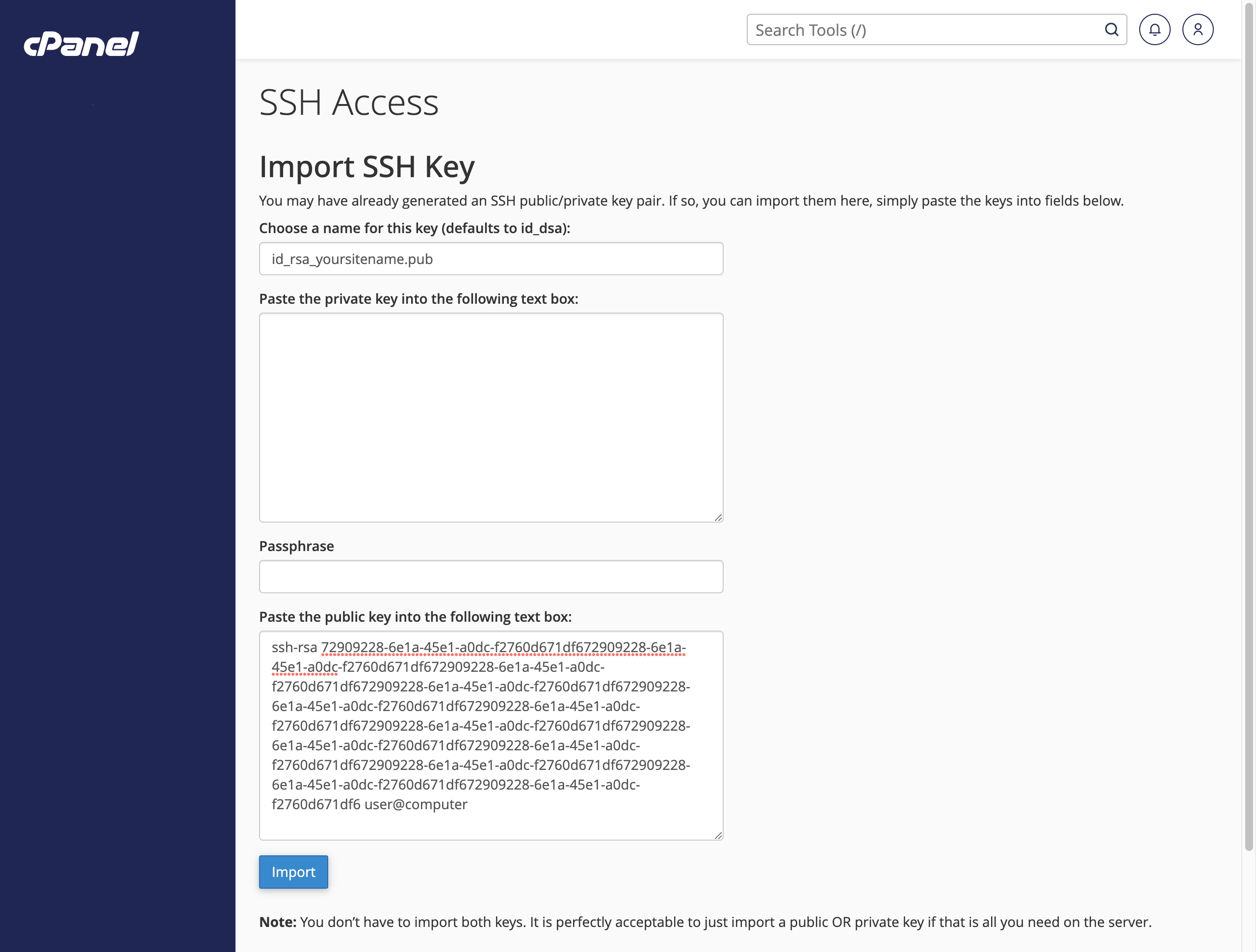 Importing the SSH public key to cPanel 