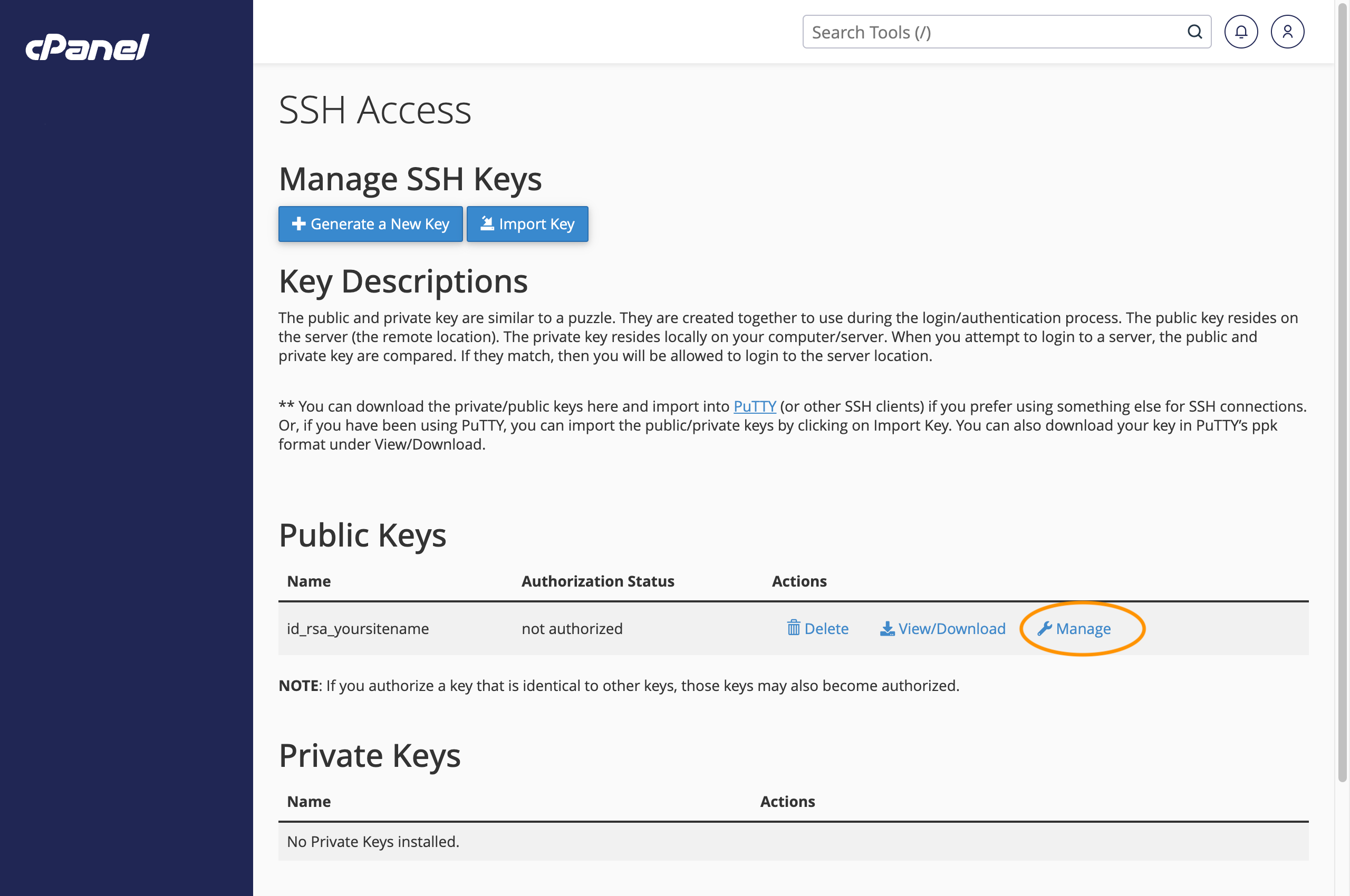 Using cPanel to authorise your newly added SSH key