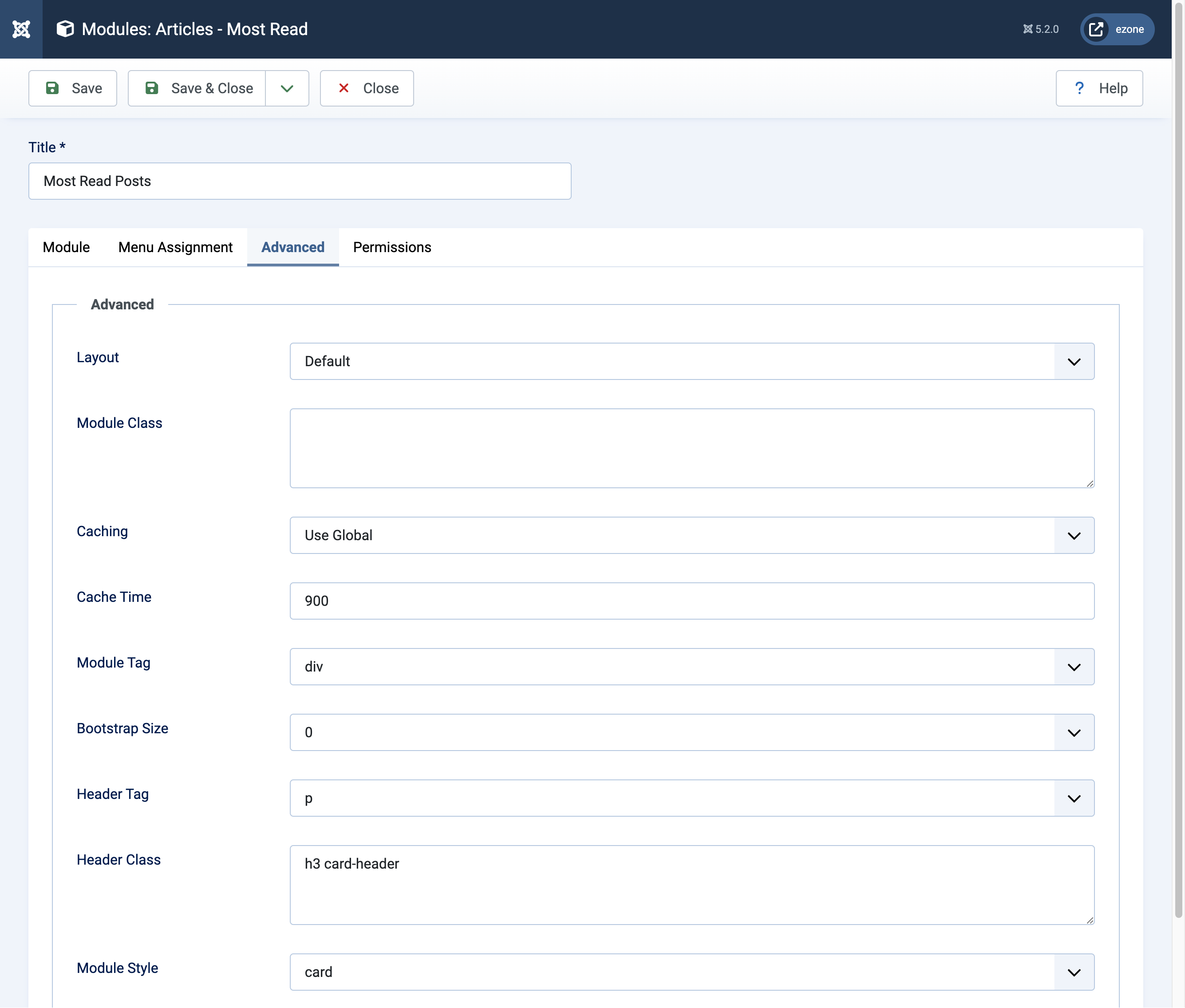 Articles - Most Read Joomla site module settings (screenshot)