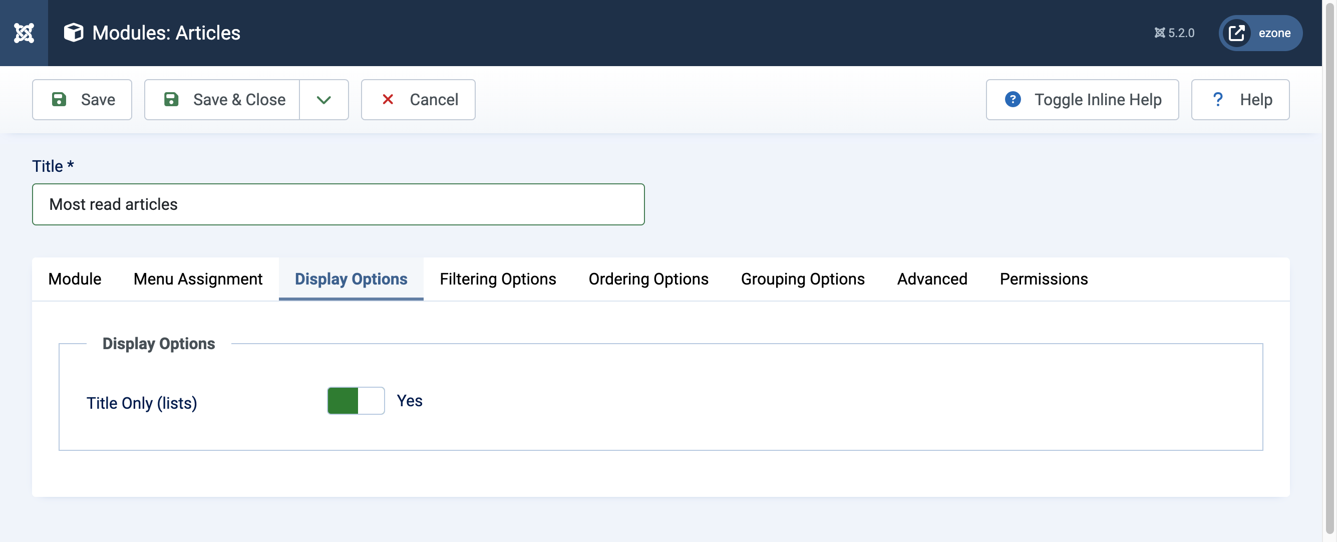 Modules: Articles Display Options tab (screenshot)