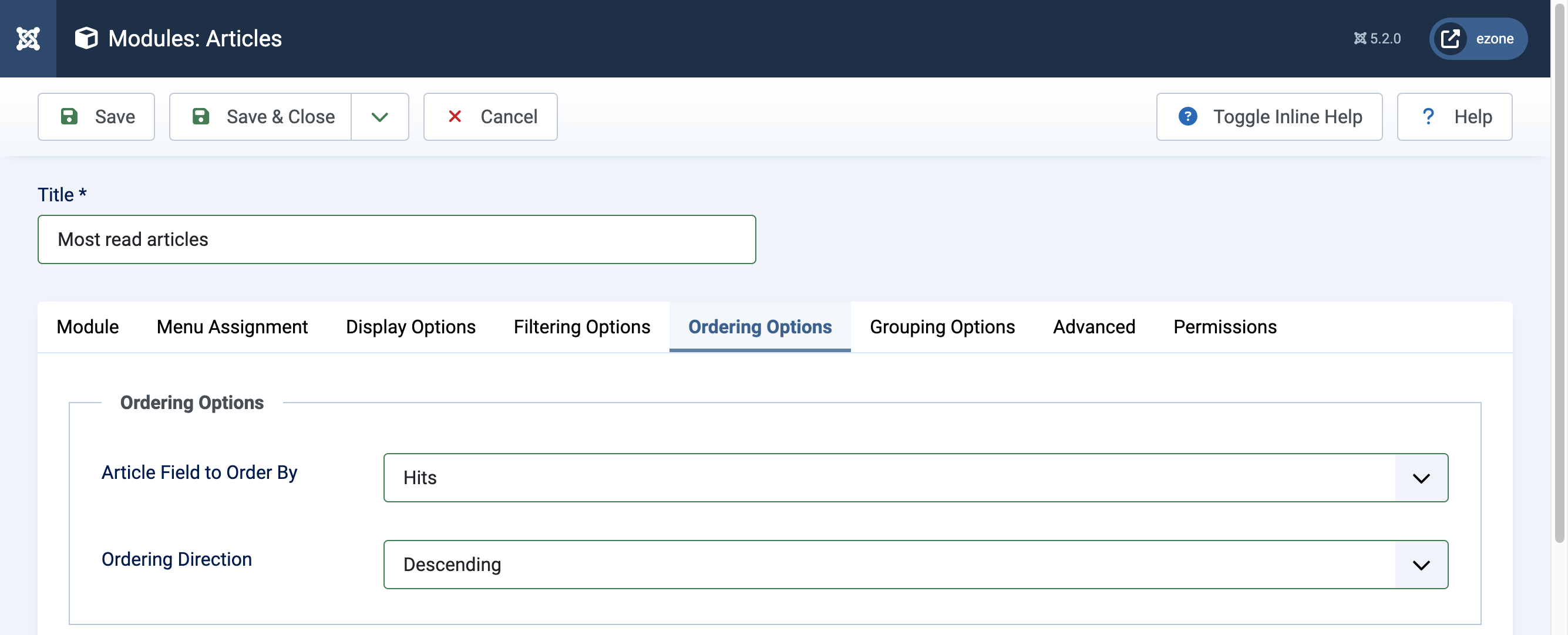 Modules: Articles Ordering Options tab (screenshot)