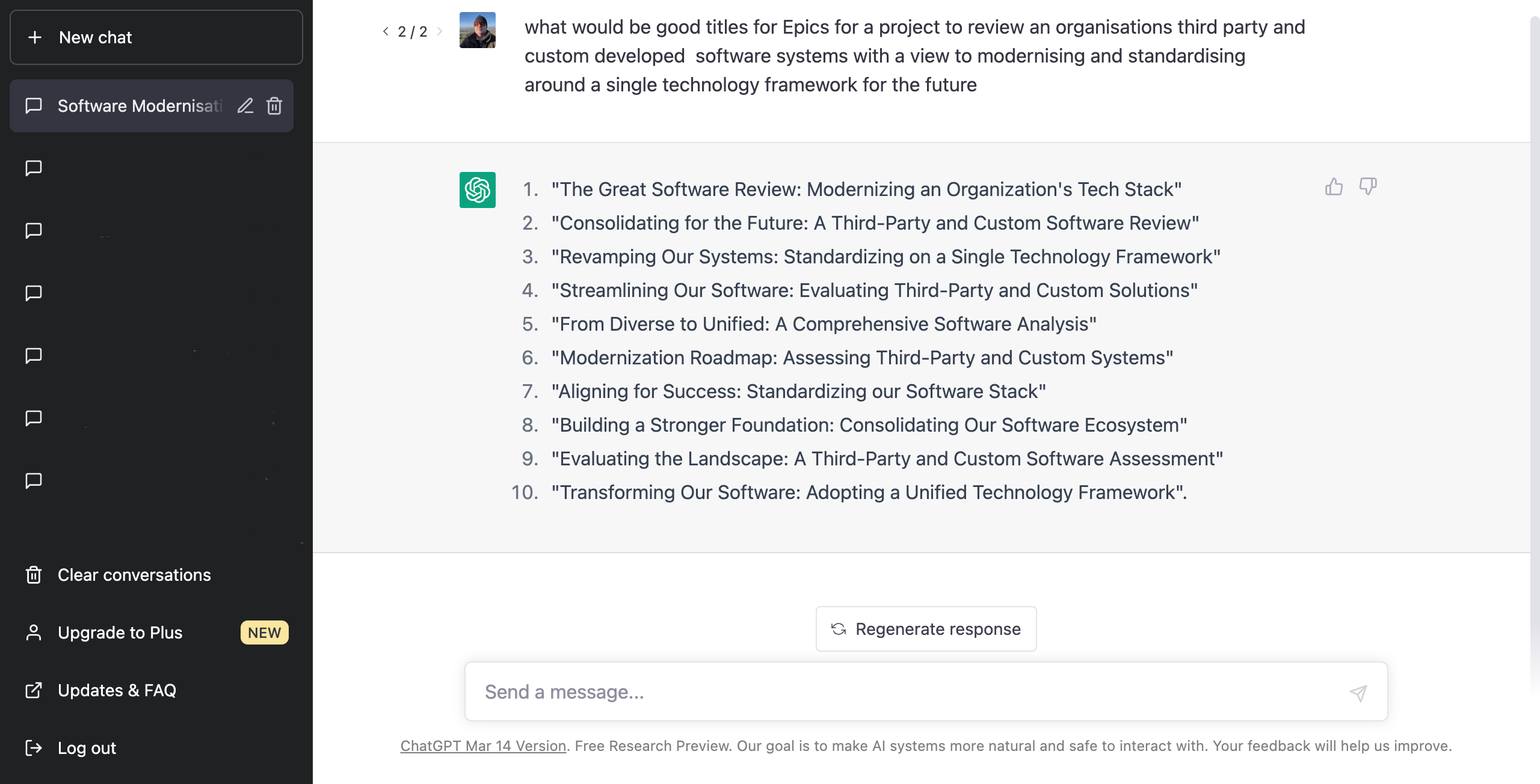 Screenshot of ChatGPT Generated list of Epics for my project