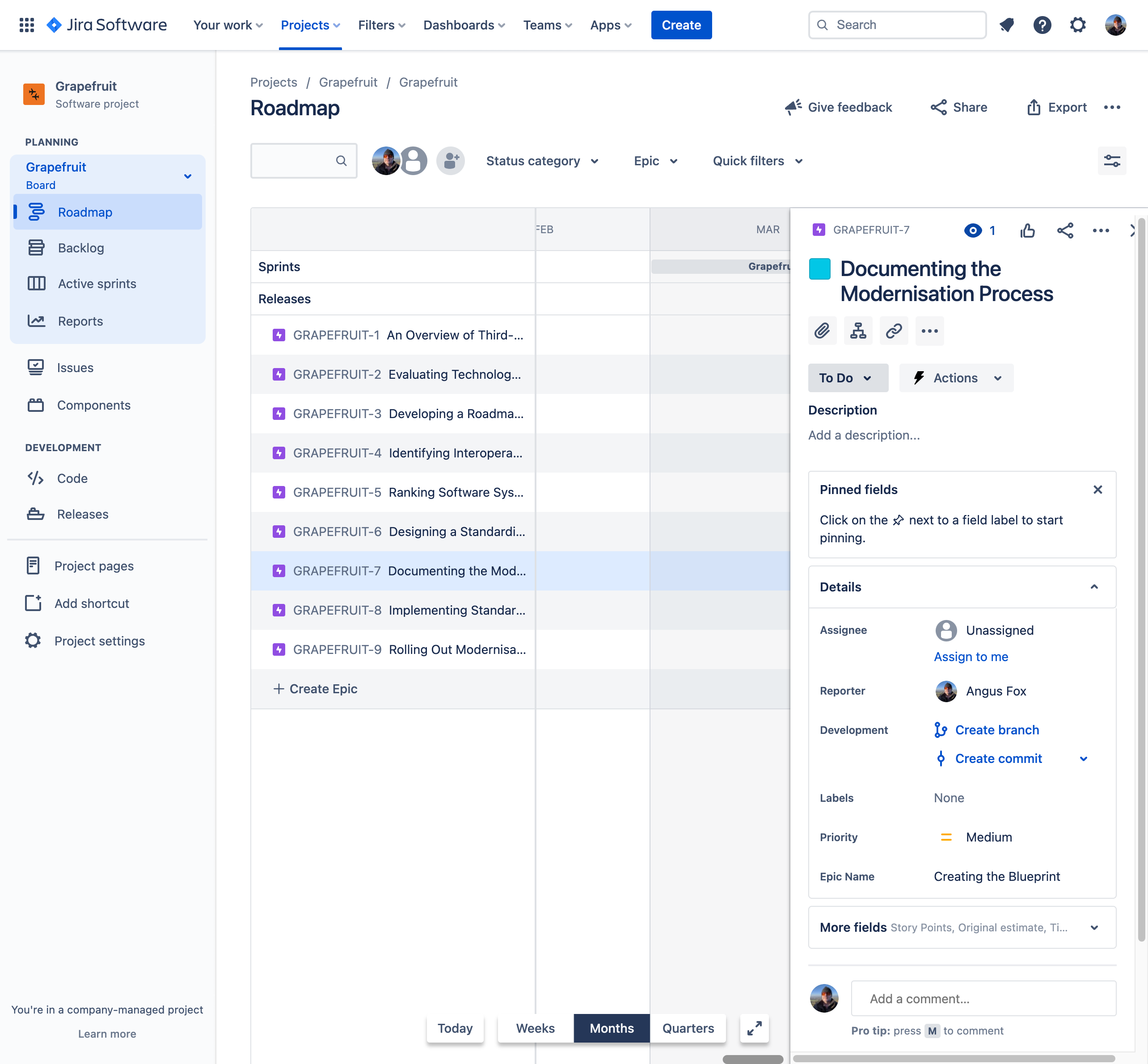 Screenshot of Epics in a Jira project