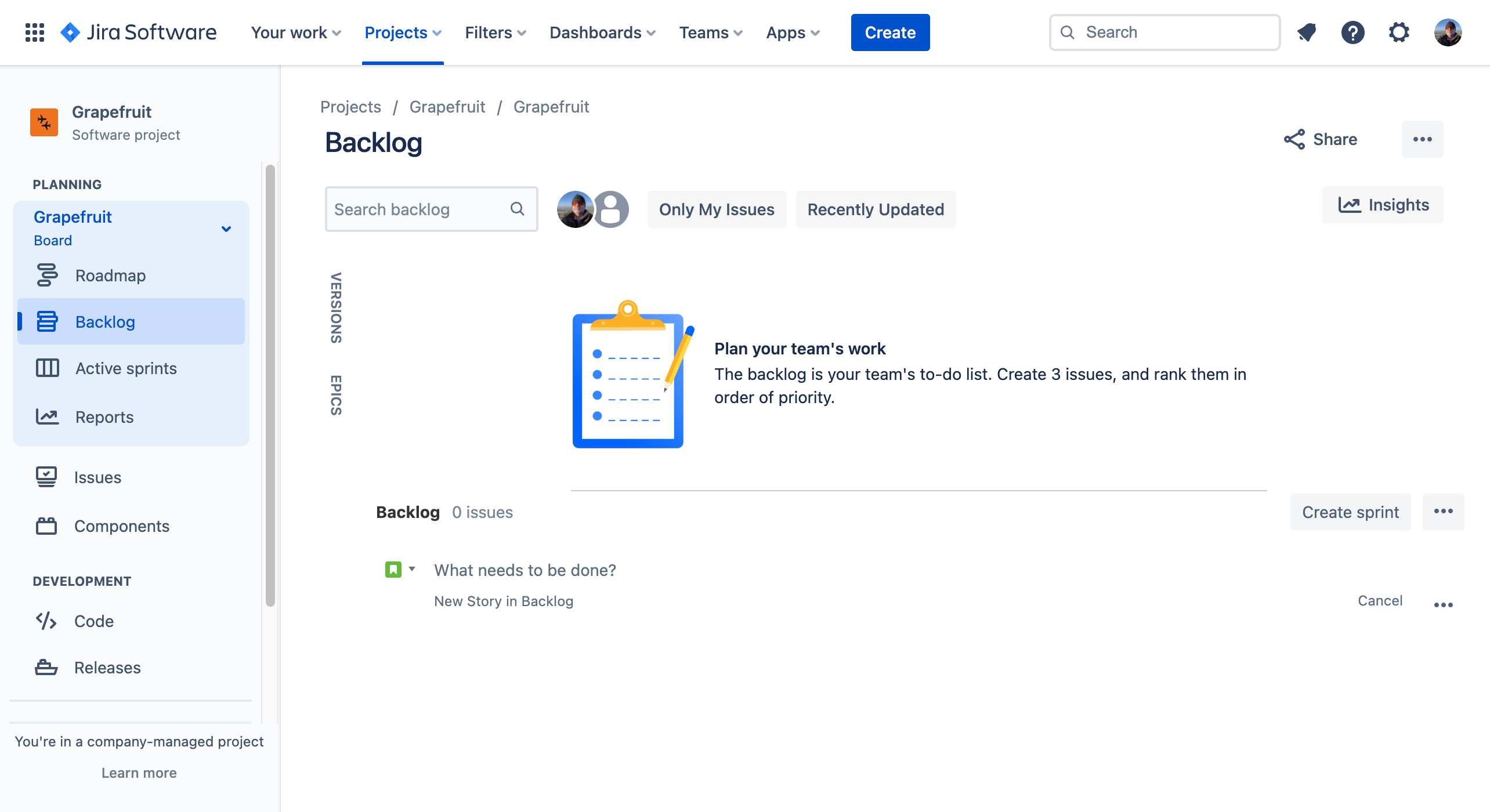 A project with no issues and no sprints in Jira