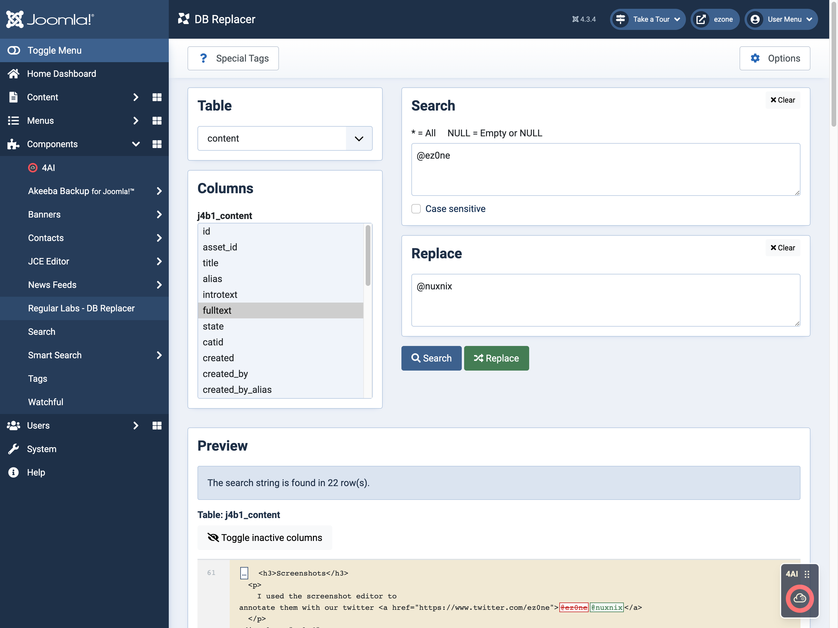 DB Replacer interface in Joomla administrator showing table and column selection