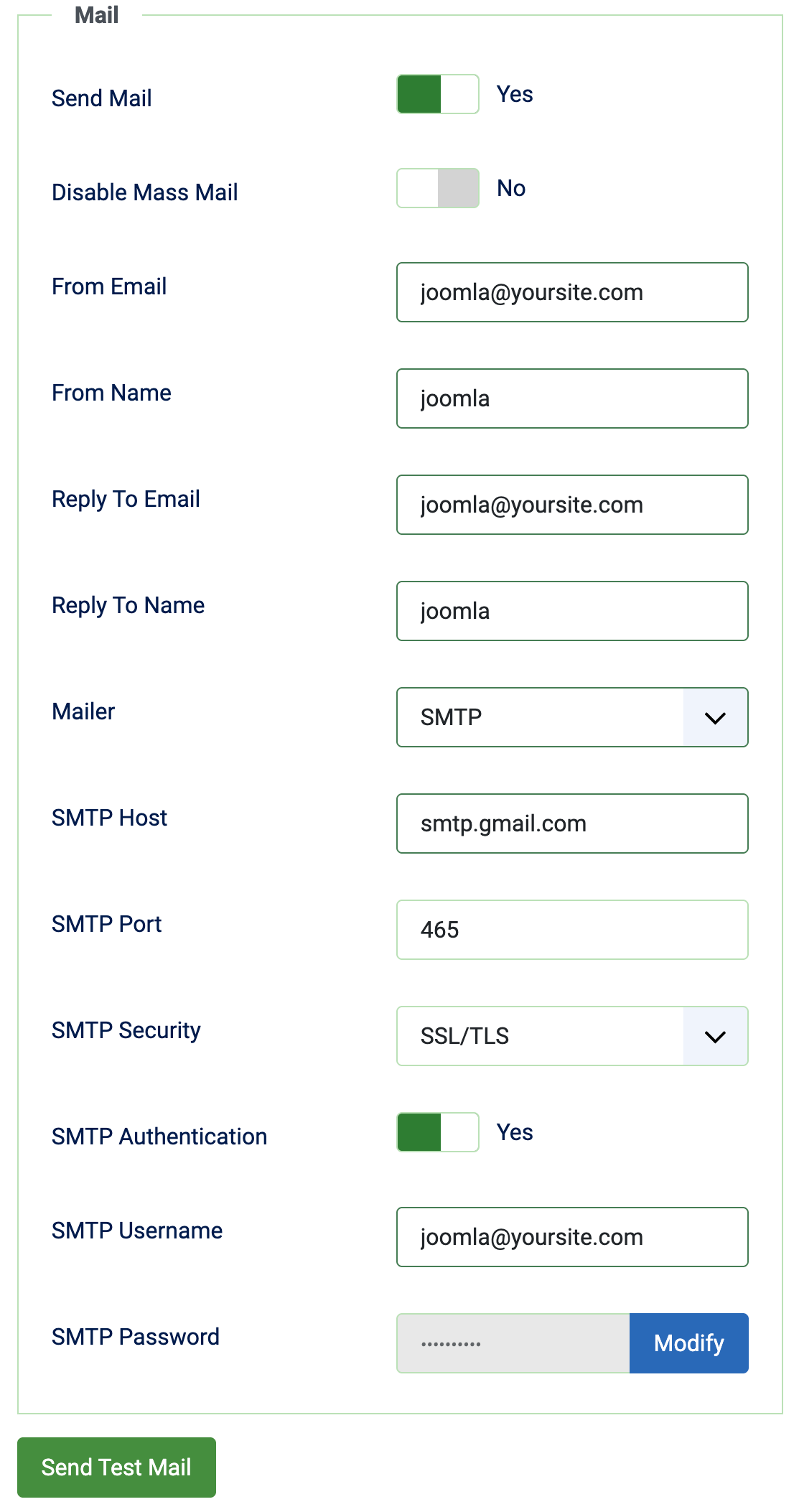 Joomla Global Configuration Mail Settings for Google Workspace