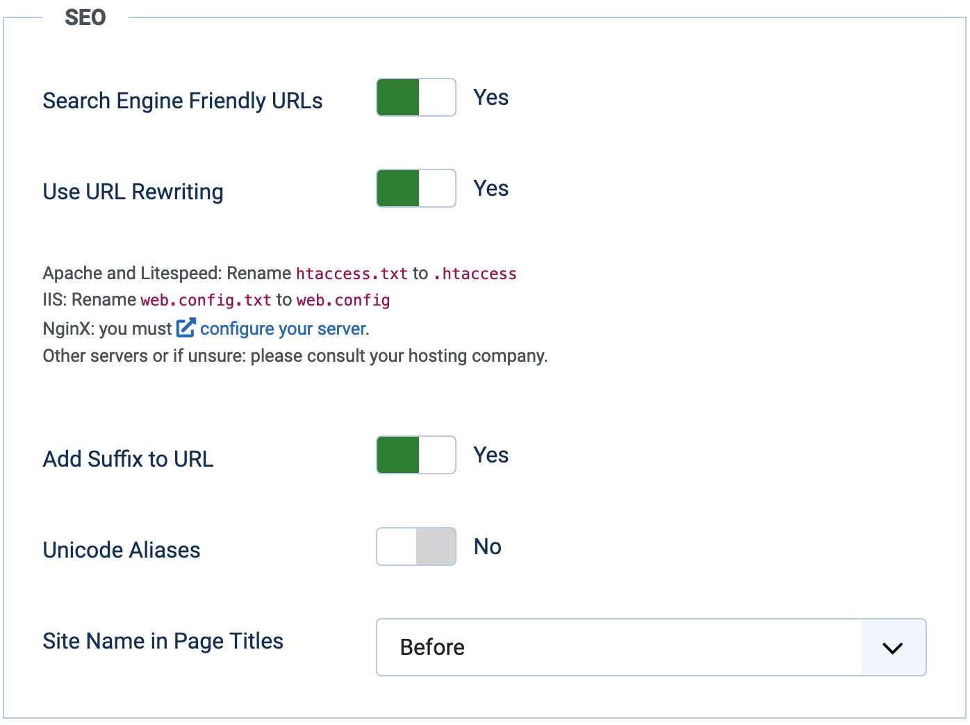 Screenshot of Joomla Site Settings, SEO section, for this site