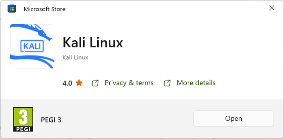 Kali Linux installed from Windows Store