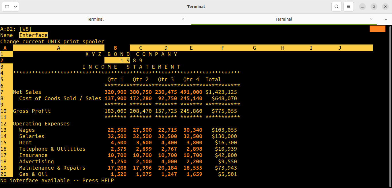 Lotus 1-2-3 for Unix, print screen running on Ubuntu 22.04 LTS